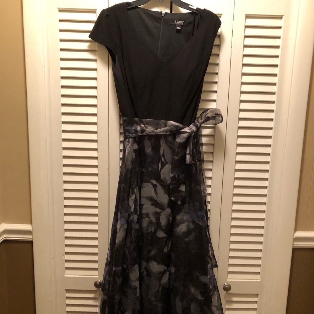 Ignite Evenings from Dillards  Black top with cap sleeves and floral long skirt